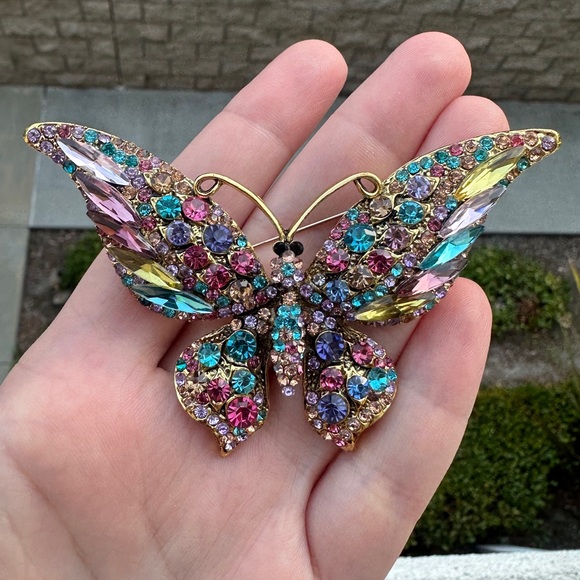 Colorful Butterfly Brooch – Large Rhinestone Statement Pin - Picture 3 of 4